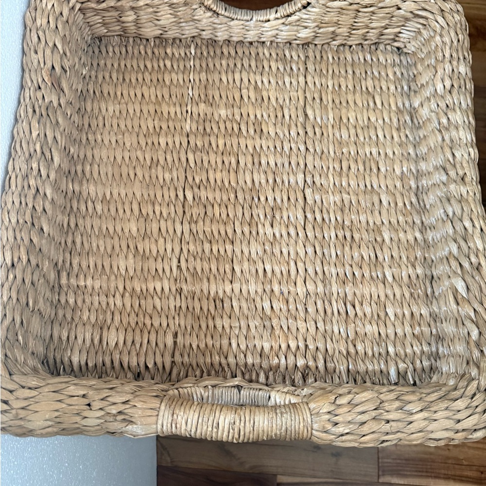 Vintage Rattan Hand Woven Straw Tray With Handles. Rustic Decorative.